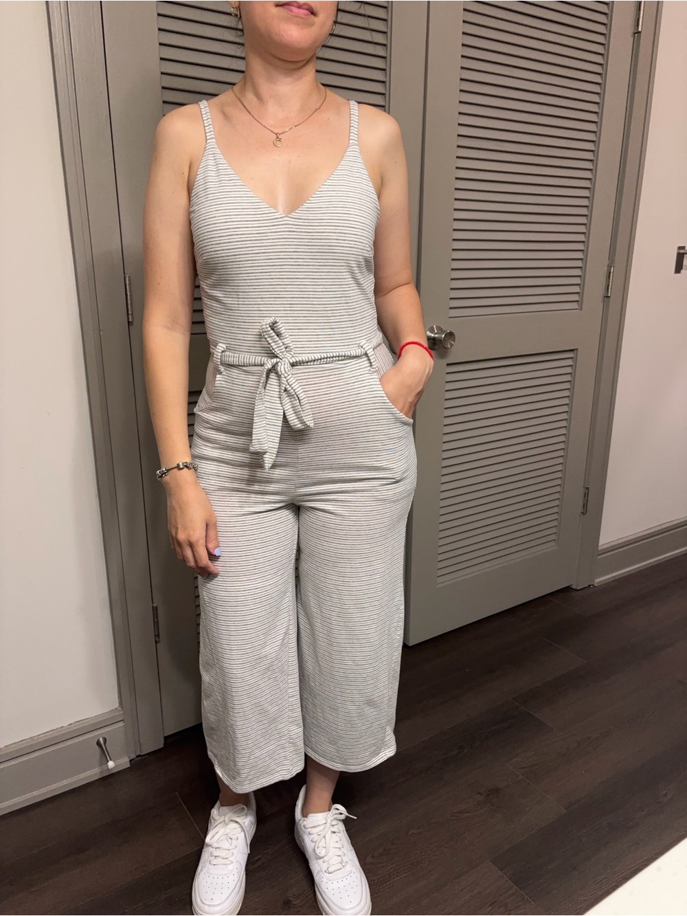 Striped White and Gray Sleeveless V-Neck Jumpsuit